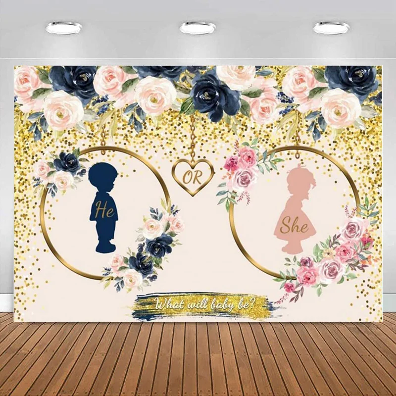 

Gender Reveal Decorations Banner Backdrop Navy and Blush He or She What Will Baby Be Boy or Girl Photography Background Supplies