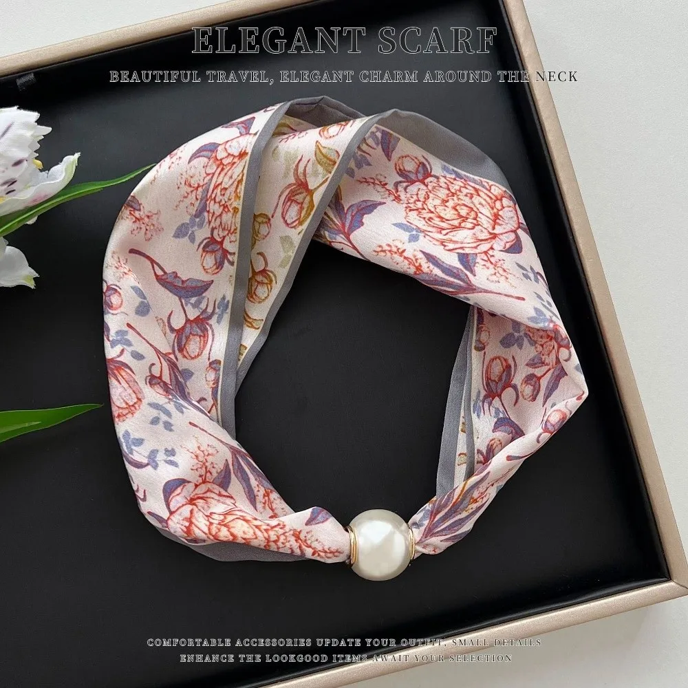 Elegant Magnetic Clasp Pearl Silk Scarf Thin Cashew Flower Neck Wrap Lightweight Soft Neckerchief for Women