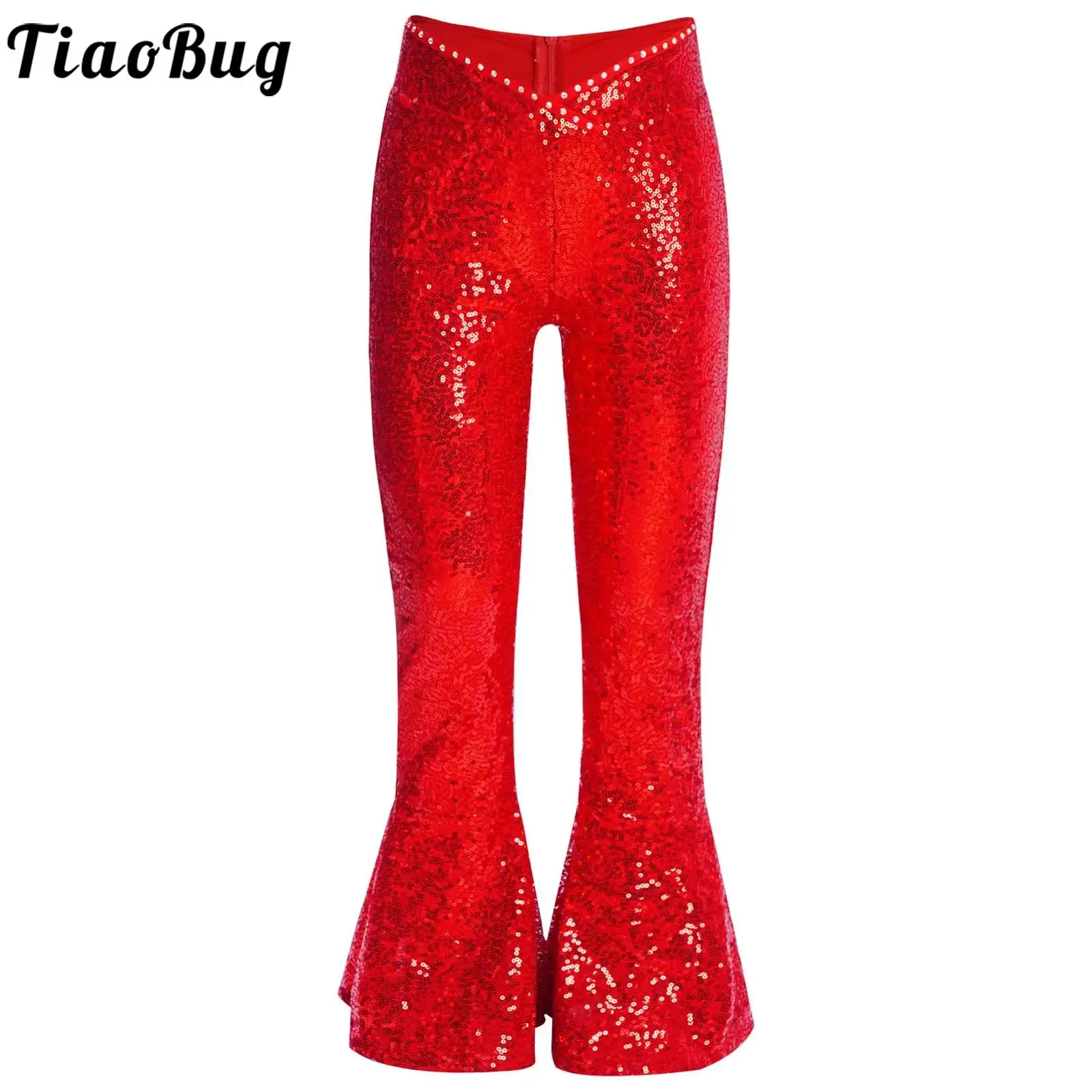

Girls Jazz Modern Contemporary Dance Pants V-Front Waistline Sequin Zipper Flared Hem Pants for Stage Performance Competition