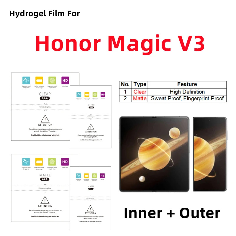

Внутренняя и внешняя матовая гидрогелевая пленка для Honor Magic V3, HD защитная пленка для складного телефона Honor Magic V3, прозрачная защитная пленка для экрана
