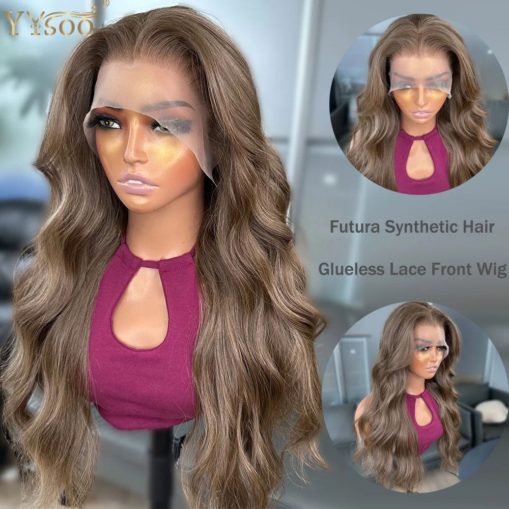 

Long Heat Resistant Wavy Wigs for Black Women Pre Plucked Hairline Brown Color 13x4 Glueless Futura Synthetic Lace Front Wig