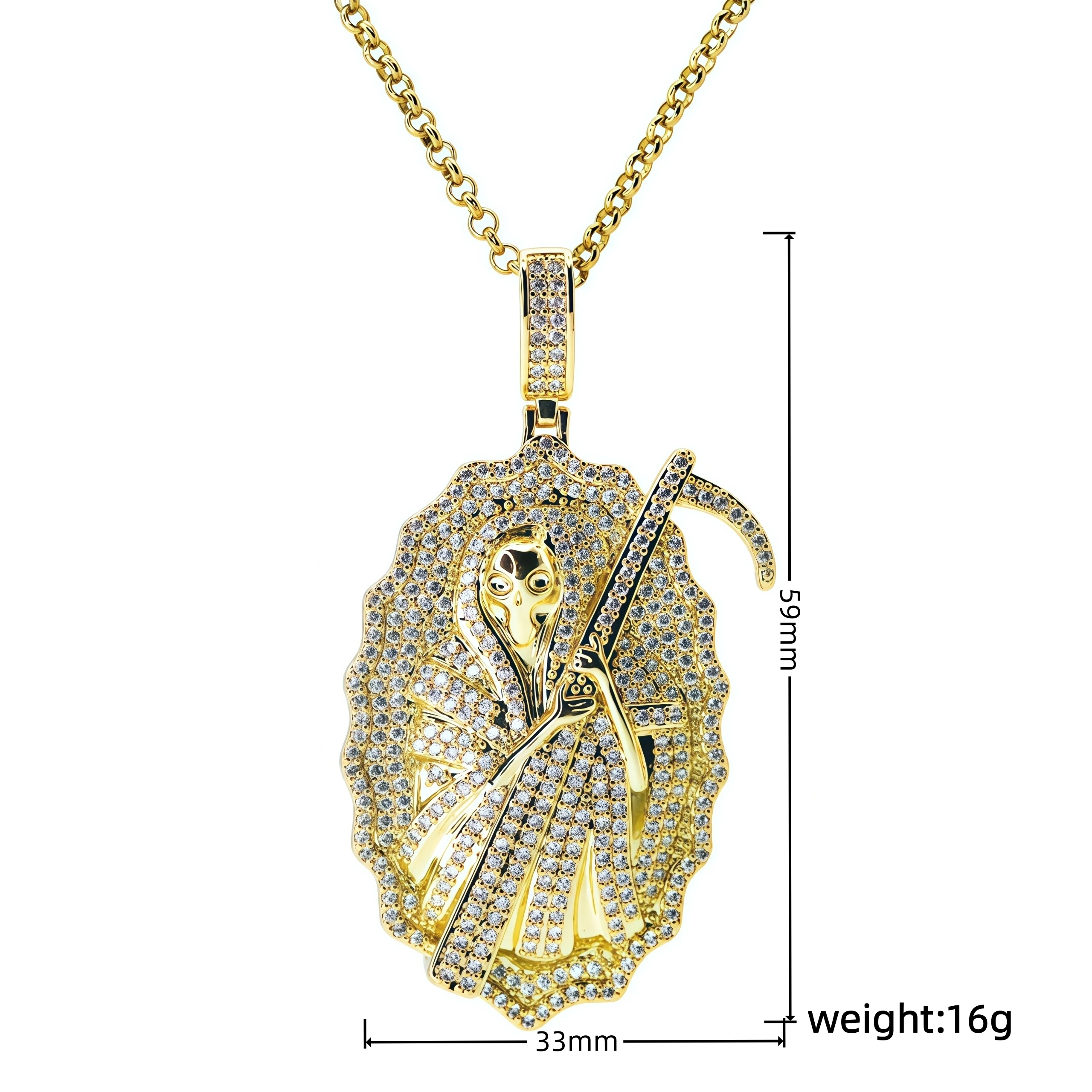 Gold Plated Iced Out CZ Santa Muerte Pendant Necklace Full Paved Grim Reaper Holy Death Religious Hip Hop Jewelry for  Men