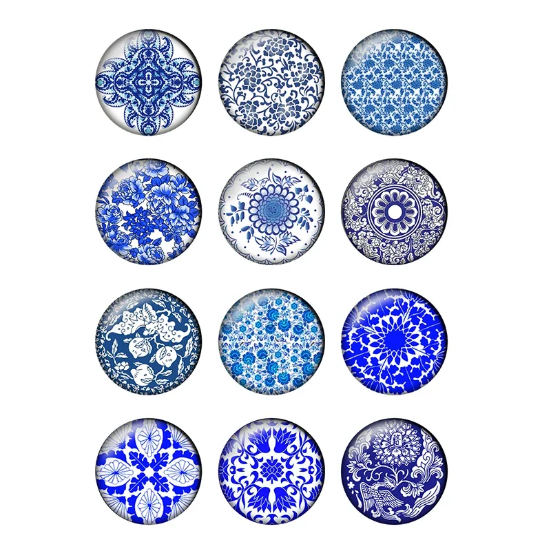 12pcs Blue and White Porcelain Pattern Round Photo Glass Cabochon 10 12 18 25mm Demo Flat Back DIY Jewelry Making Wholesale T069