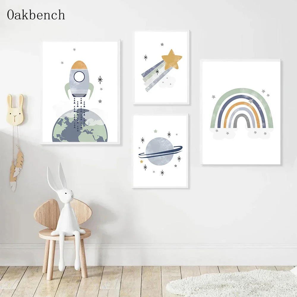 Blue Planet Art Painting Spaceship Posters Star Moon Wall Pictures Rainbow Nursery Wall Posters Baby Room Poster Boys Room Decor