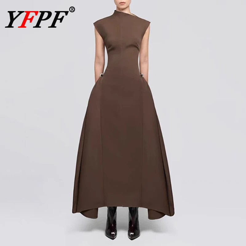 

YFPF модное длинное платье без рукавов для женщин нестандартного дизайна с высокой талией трапециевидные вечерние платья элегантная новая одежда 2025 года