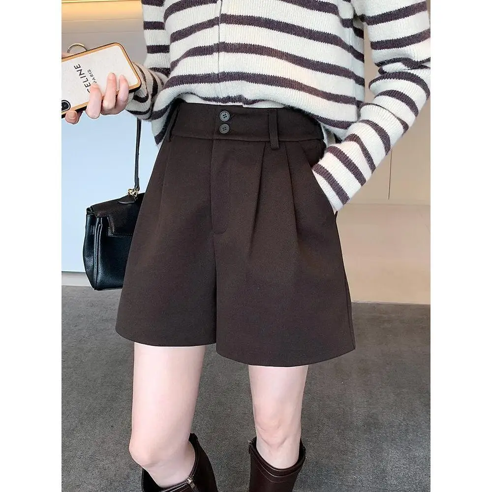 Casual Fashion Women's A- Line High-waisted Black Woolen Pants Boots Autumn Winter Outerwear Versatile Shorts New Arrival M33