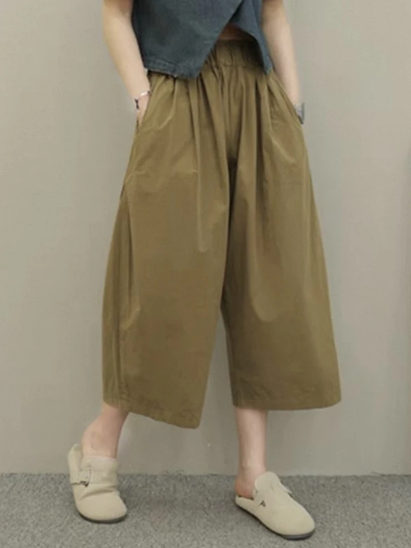 Verano 2025, pantalones de pierna ancha adelgazantes con cintura elástica de talla grande, pantalones sueltos informales rectos de siete pies para mujer