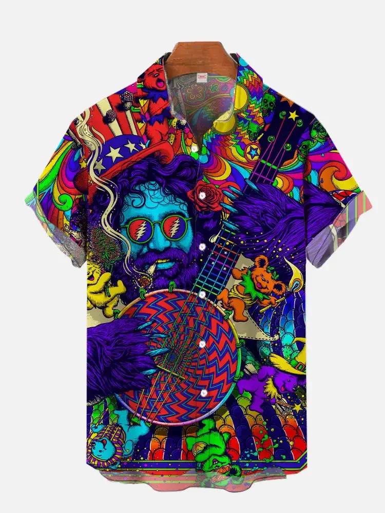 Eye-Catching Fire Electric Guitar Music Elements And Street Scenes3D Printing Short Sleeve Shirts For Men Fashion Hawaiian Shirt