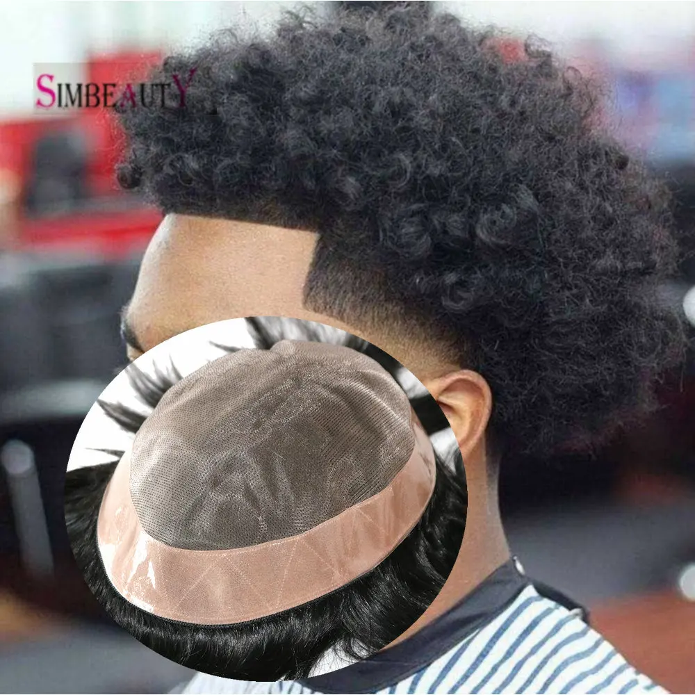 

Mens Toupee Natural Hairline Human Hair Wig 15mm Afro Curly Durable Fine Mono Lace &PU Base For Men Wave Men's Prosthesis System