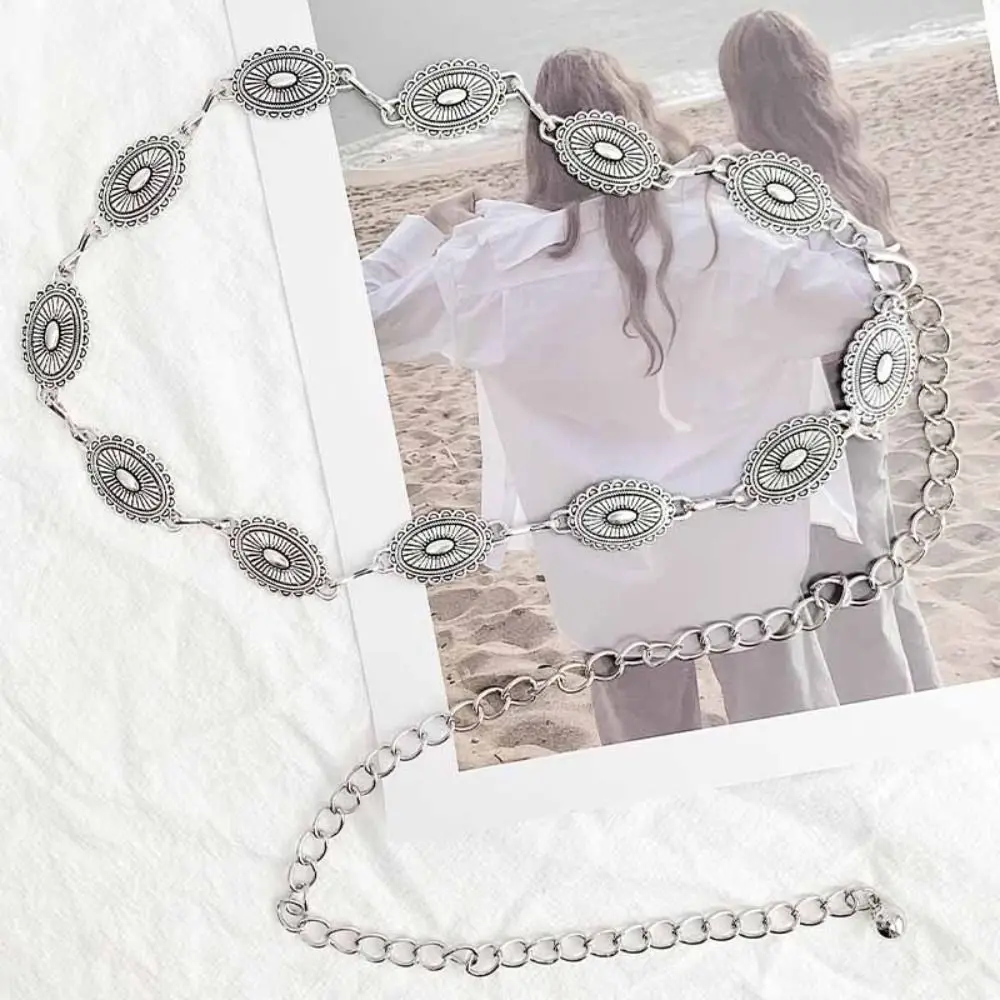 

Vintage Metal Medallion Concho Chain Silver Oval Boho Waist Strap Summer Trouser Dress Belts Women Girl