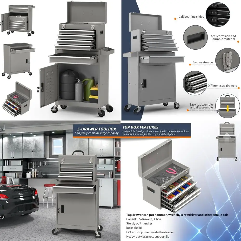 

High-Capacity 5-Drawer Rolling Tool Chest with Removable Cabinet and Wheels, Detachable Storage Toolbox for Ultimate Organizatio