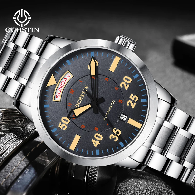 OCHSTIN Master Series Men Dual Calendar Mechanical Watch Premium Stainless Steel Strap Daily Waterproof Business Casual Wrist