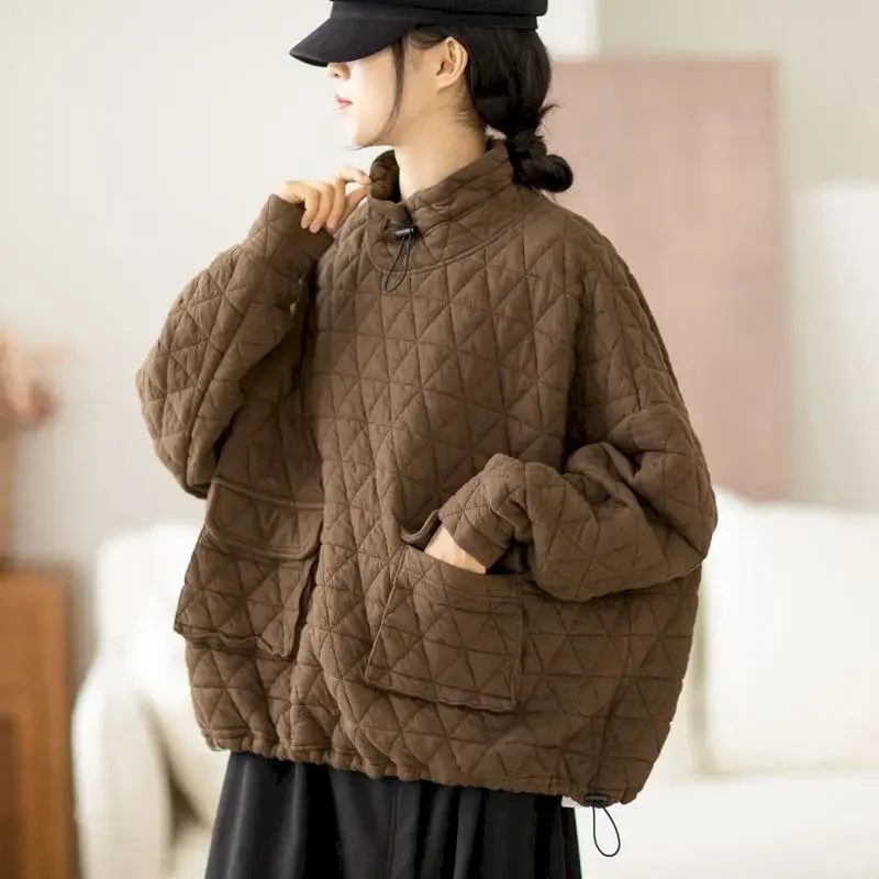 New Autumn Trendy Pullovers Women Loose Oversized Pullover Coat Fashion Diamond Grid Drawstring Tops Thicken Stand-up Collar