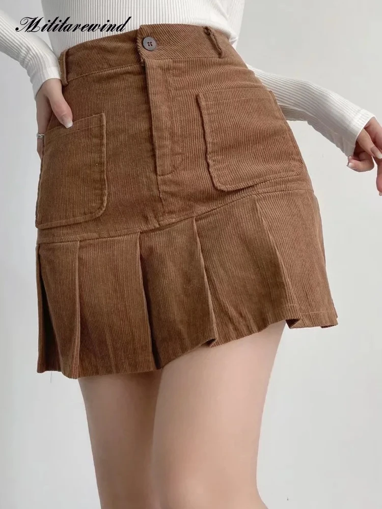 

High Waist Retro Skirts for Women American Girl Autumn Winter New Corduroy Pleated A Line Mini Skirt College Faldas Femme Skirt