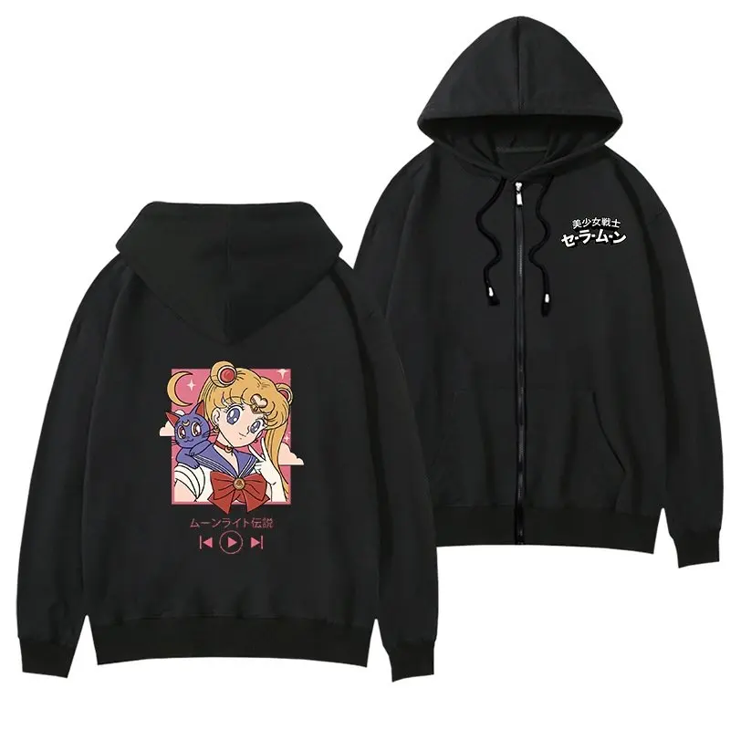 

Унисекс толстовка с капюшоном в стиле аниме Sailor Moon, куртка на молнии для женщин и мужчин, уличная одежда, повседневный пуловер, японская мультяшная мода, весна-осень, стиль Y2K.