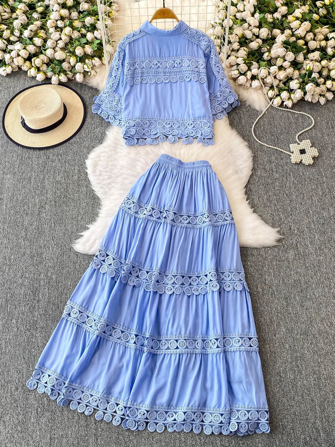 

Ele Blue Lace Splice ort Sve irt High Waist Slimming Cake Skirt f-length irt And Skirt Set for Women