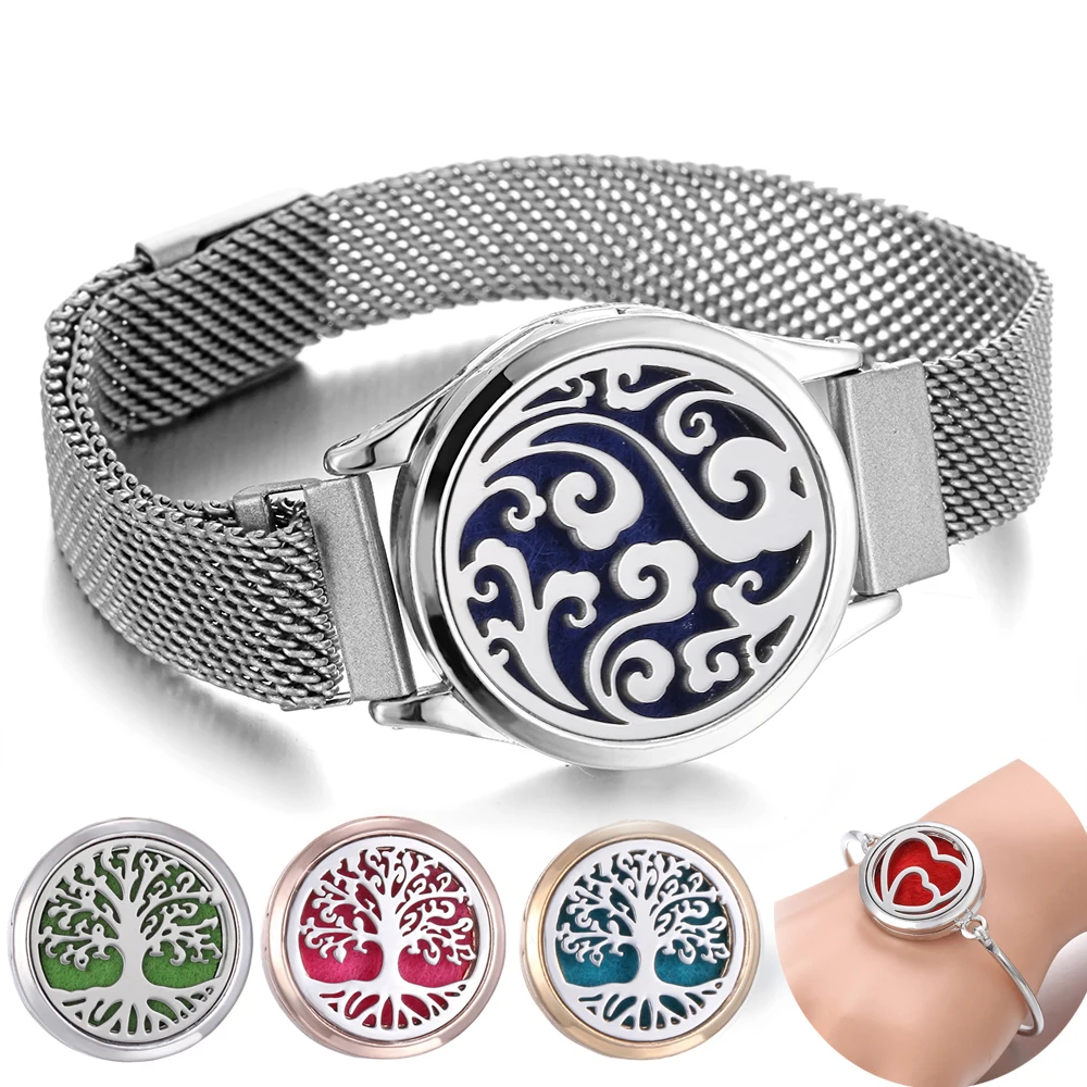 Jewelry Essentials Watches - 生命の樹アロマセラピーブレスレットステンレス鋼エッセンシャルオイルディフューザーロケットブレスレットウォッチリストバンドバングルアロマジュエリー