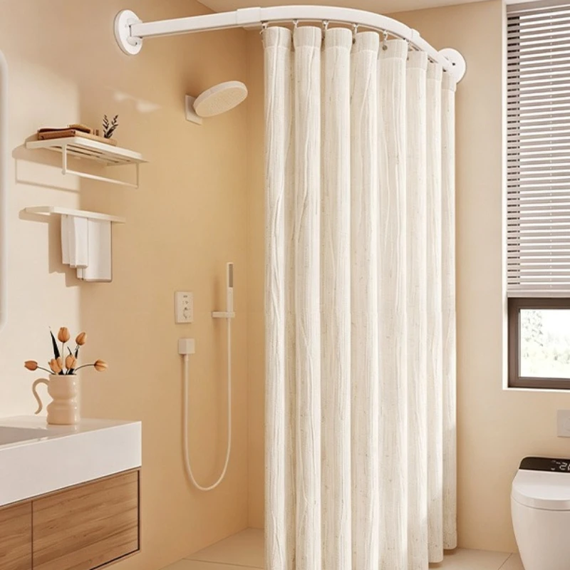 Waterproof Linen Textured Mildew Proof Shower Curtain No‑Drill Telescopic Curved Rail Bathroom Dry Wet Separation Curtain