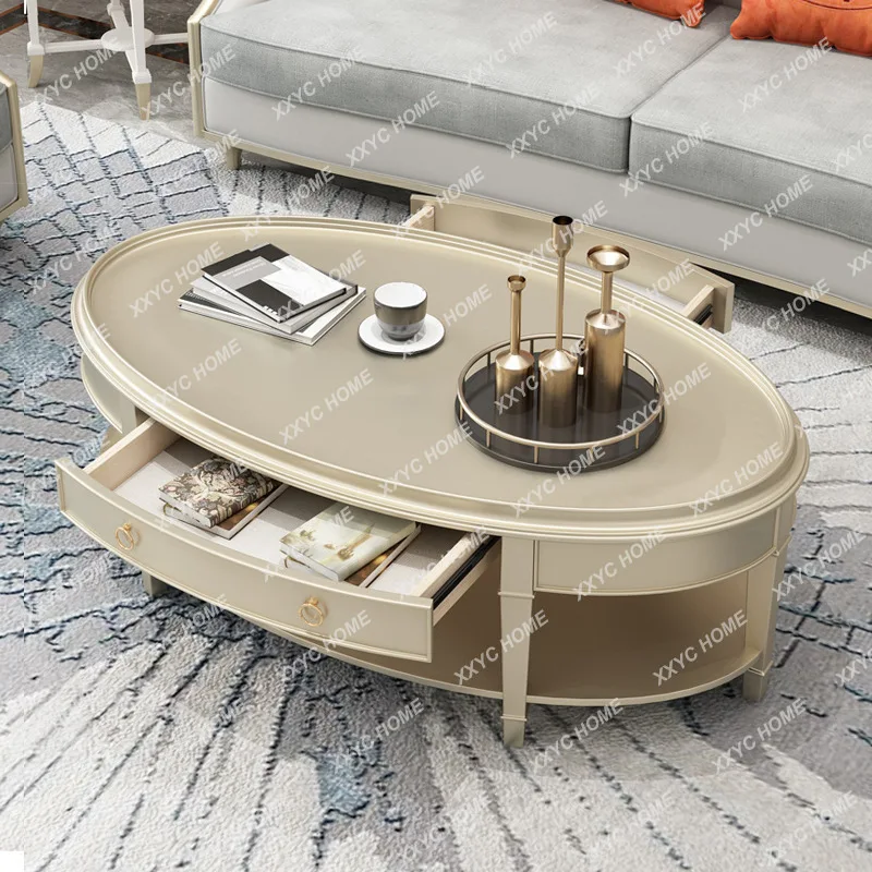 

YY Modern light luxury solid wood coffee table simple champagne gold oval tea table living room small side table combinati