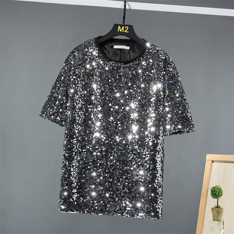 Sequins Loose Fit Tees Half Sleeve T Shirt For Men Stage Fashion High-Quality Harajuku Style Oversize Casual Camisetas De Hombre