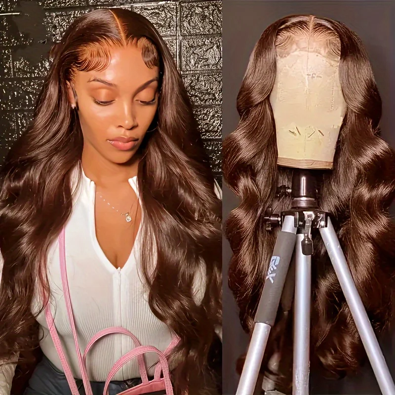 

32 34 дюйма # Шоколадно-коричневый парик с волнистыми волосами, прозрачный кружевной фронтальный парик 13x4 HD, предварительно вычесанный, окрашенный, из натуральных человеческих волос