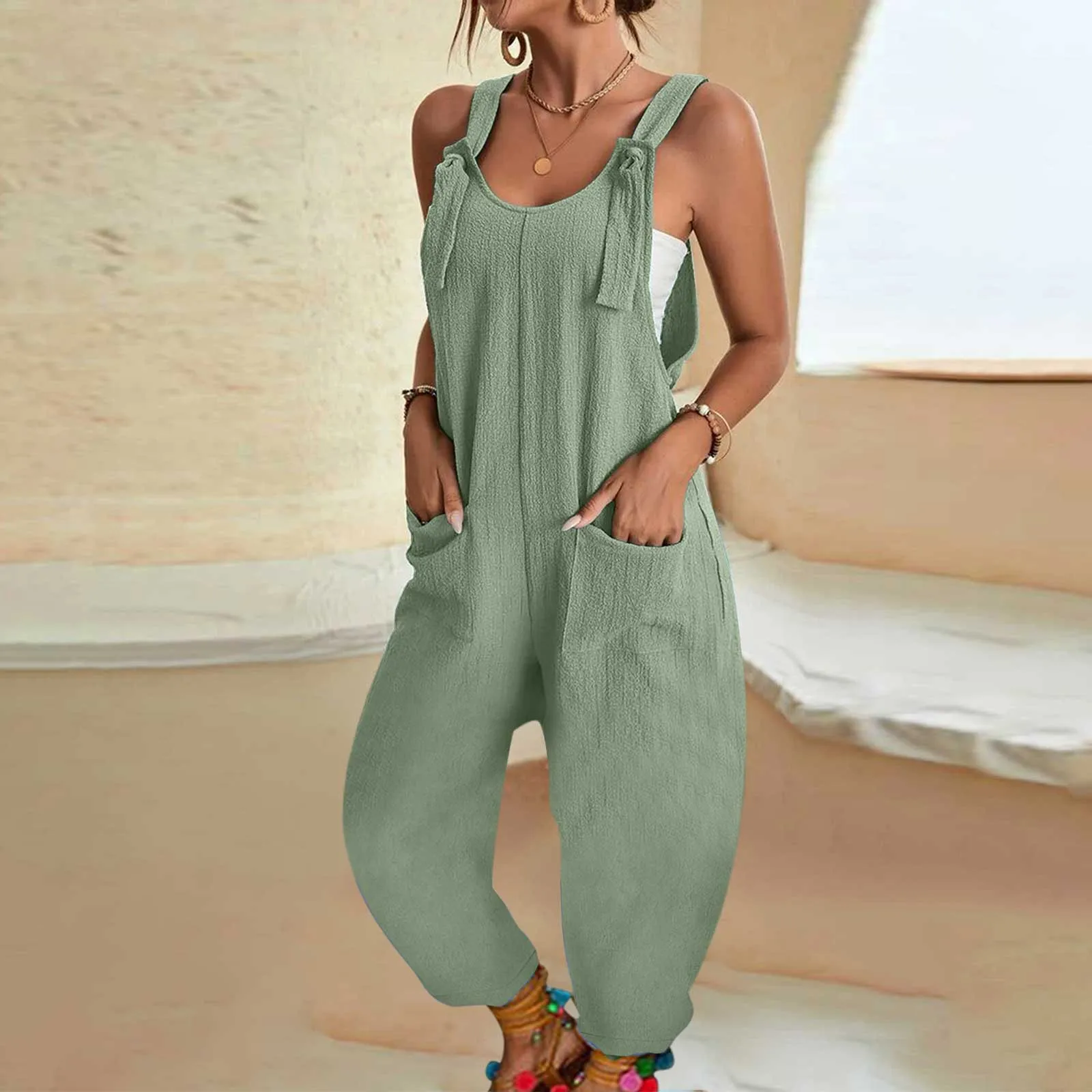 Dames Casual U Hals Mouwloze Jumpsuits Spaghettibandje Baggy Overall Harembroek Met Zakken Effen Kleur Losse Bodysuits