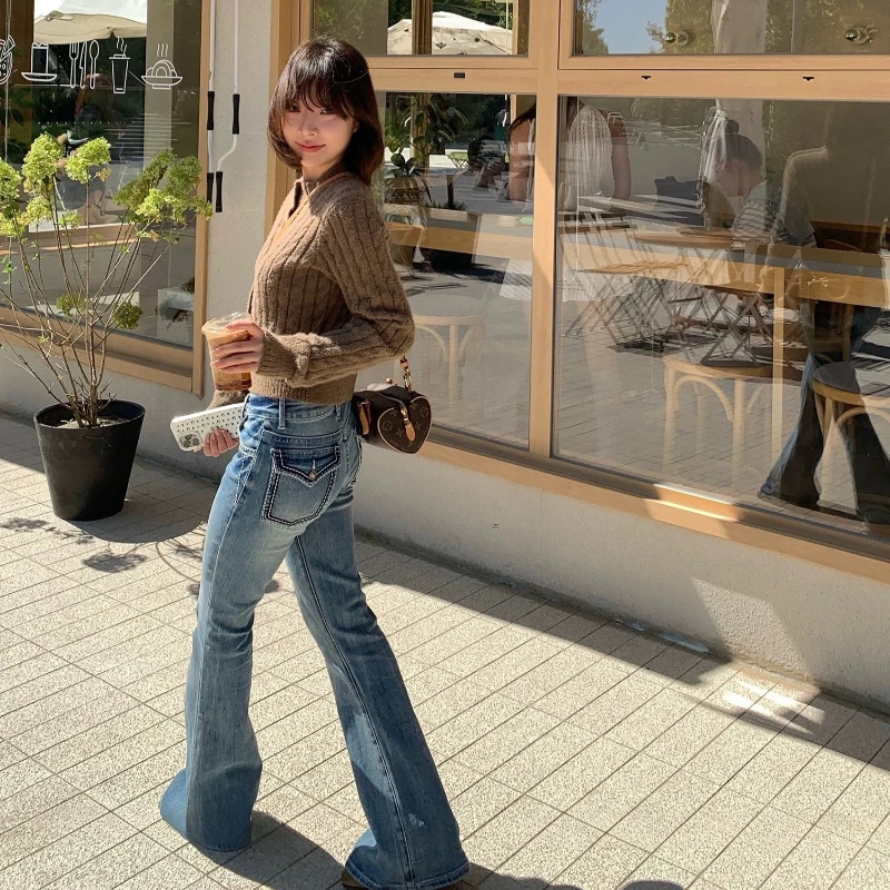 Women's Bright Line Decoration Micro Flare Jeans Summer Denim Trousers Skinny Girl Wide Leg Pants Female High Waisted Sweatpants