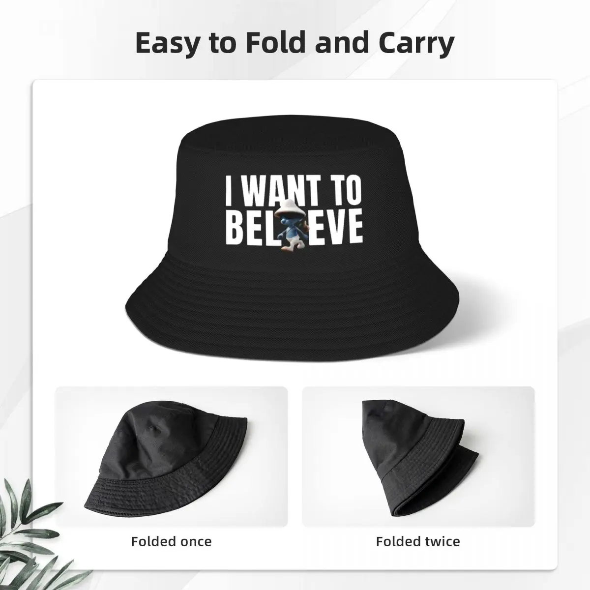 Unisex Bucket Hat I Want To Believe In Shailushai Blue Cat Meme Accessories Bob Hats Summer Travel Headwear Sun Caps Foldable