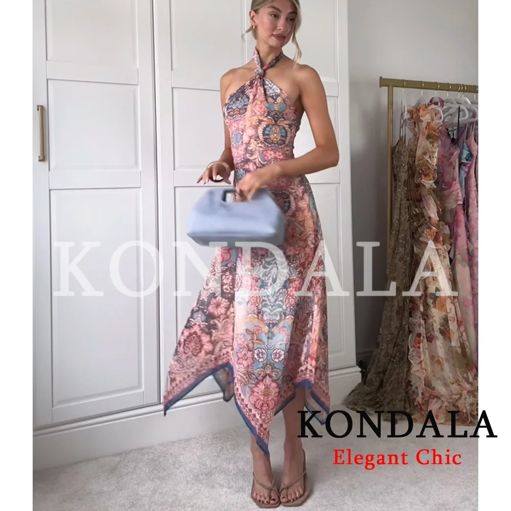KONDALA Women Trendy Beach Print Halter Dress Backless Sleeveless Long Dress New Fashion 2026 Spring Summer Holiday Cute Dress view 6