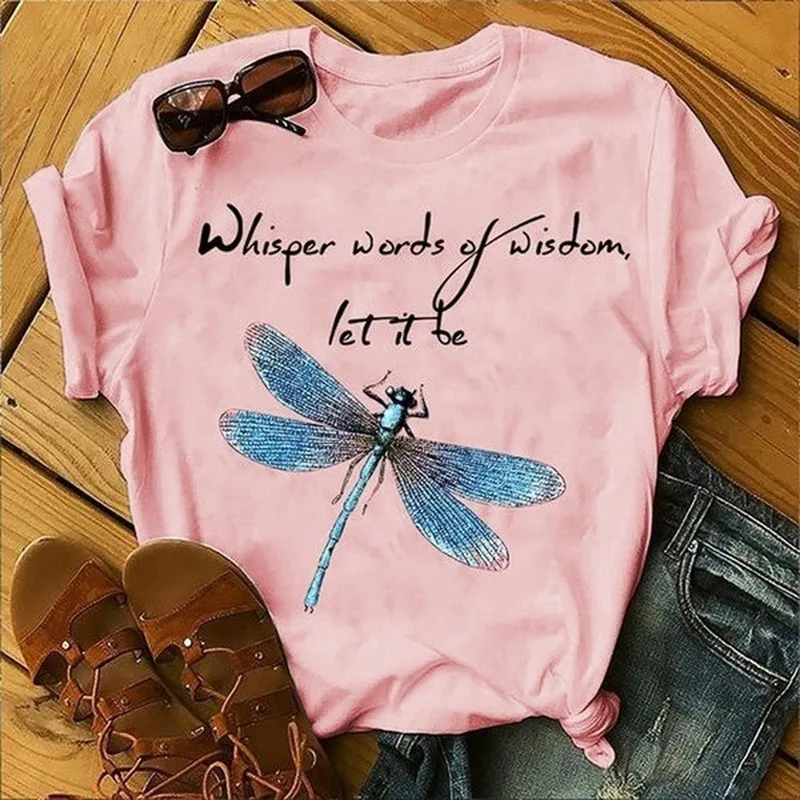 

Let It Be Dragonfly Print T Shirt Women Short Sleeve O Neck Loose Tshirt Summer Women Tee Shirt Tops Camisetas Mujer