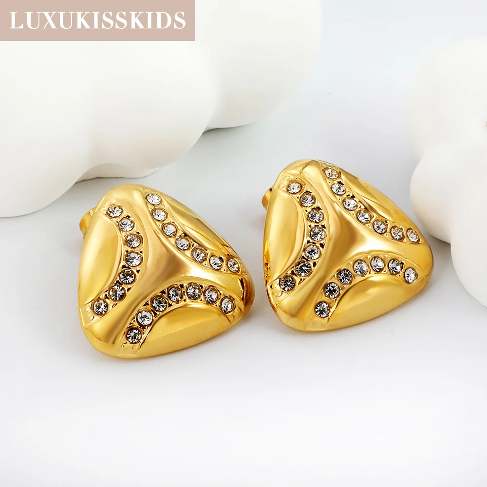 LUXUKISSKIDS Romantic Geometric Big Stud Earrings for Women Stainless Steel Texture Gold Color Waterproof Charms Wedding Party