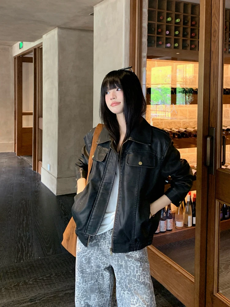 

Spring 2026 Women's Retro American Motorcycle Long Sve Leather Jaet Coat Sli ape Outerwear Faionable Youth Zipper