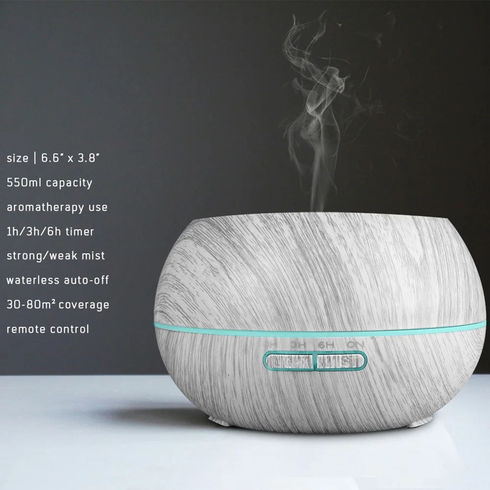 550ml Upgraded Essential Oil Diffuser Set  Wood Grain Remote Control Humidifier, 7-Color LED & 6 Therapeutic-Grade Oils Inc