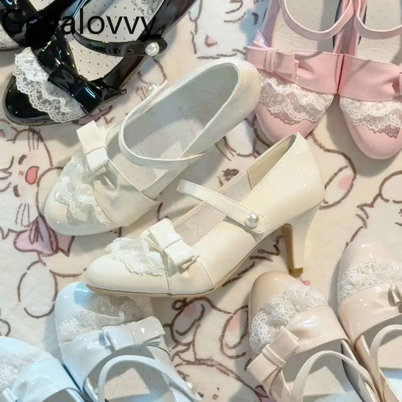 

Original Lace Bow Sweet Girls Versatile High Heels Pumps Japanese Style Spring Autumn New Lolita Cute Solid Color Party Shoes
