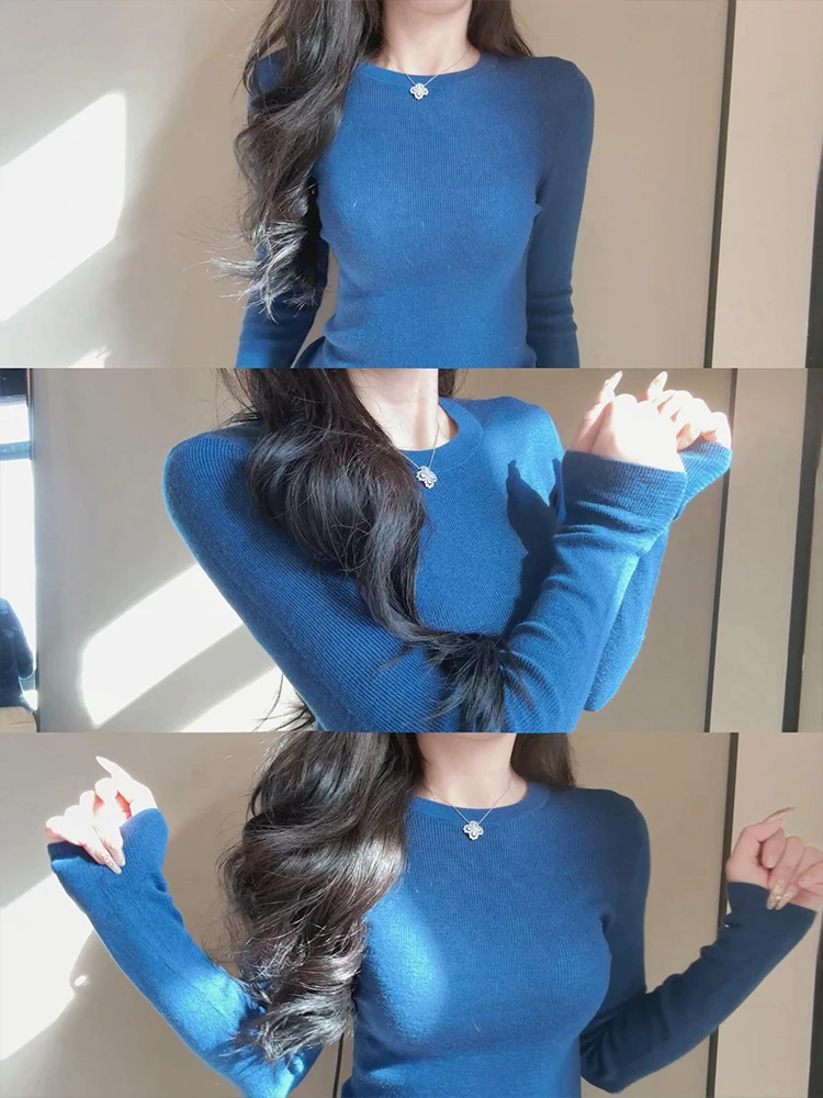 

Korean Sle Unique Faionable Long Sve Knitted Base irt Women's Autumn Winter Small Size Super Beautiful Sweater Top