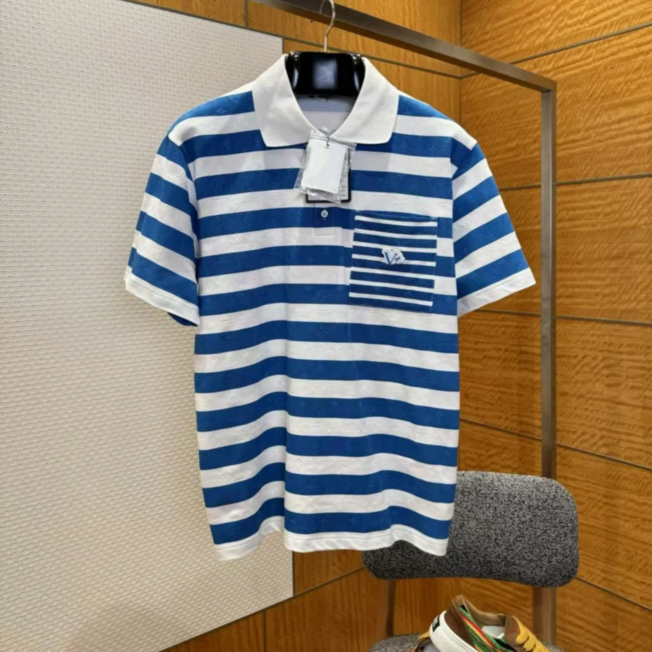 

Classic Blue White Stripes irt ort Sve Turn-down Collar ex Cotton T-irt Breathable Comfortable Anti-static ...