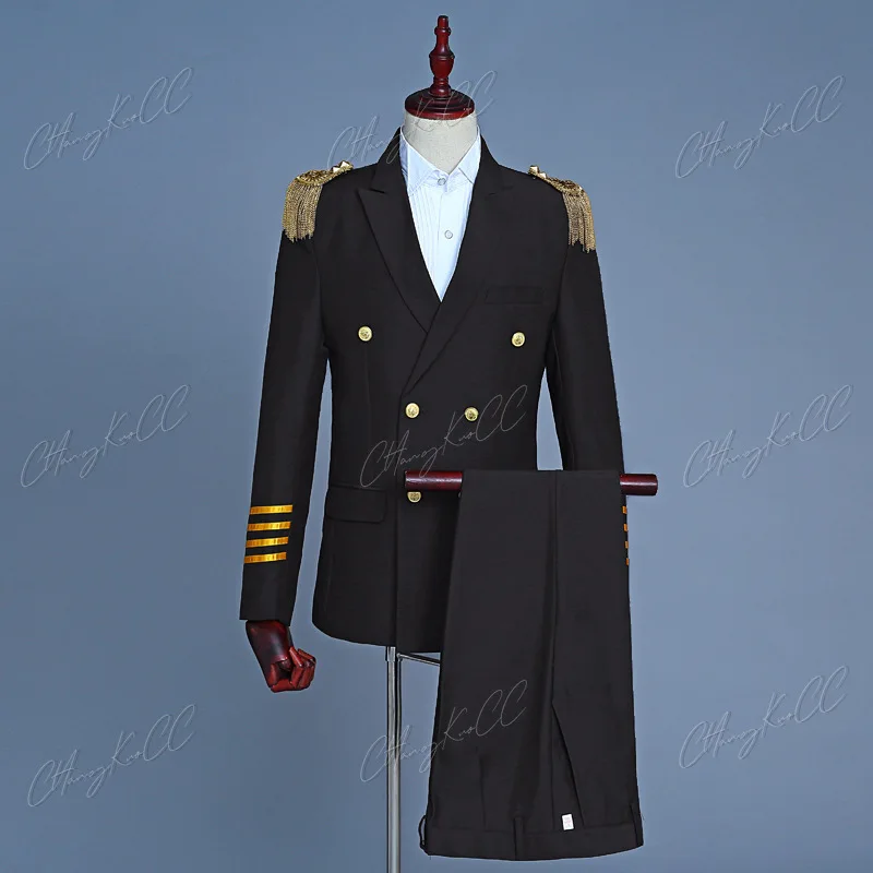 S-4XL Captain Officer Sailor Peacoat Costume Mens Blazer Suit Military Fringe Marching Band Jacket Uniform For Adult Coat+Pants