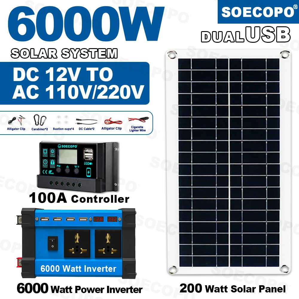 

6000W Solar System Complete Kit 12V/24V To 110V/220V 100A Controller 200W Panel Off-Grid Inverter for Home/Camping 12V Baterry
