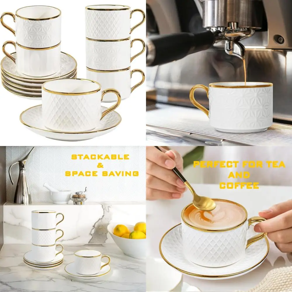 Juego de tazas y platillos de espresso de 6, tazas de capuchino de porcelana de 7 oz con platillos, tazas de café apilables para demitasse, latte, caf