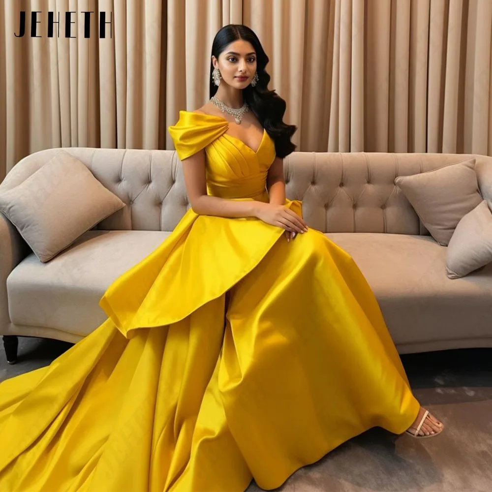 JEHETH Classic Saudi Donna Abito da Sera V-Neck Off Shoulder Giallo Prom JEHETH Classic Saudi Woman abito da sera con scollo a v con spalle scoperte abito da ballo giallo a-line Satin Custom Made muslimags raffauntieri