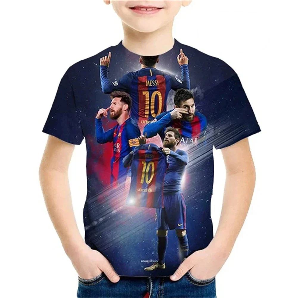 2024 Summer New Fashion Children's 3D Printed T-shirt Popular Football Star Messi Cool Boys and Girls Short sleeved Casual Men's