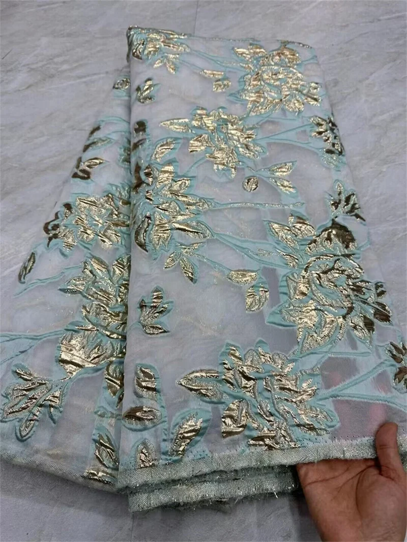 Gold African Jacquard Brocade Fabric Nigerian Floral Damask Organza Tulle Mesh Lace French Net Material Brocard Tissu 5Yards CJ3