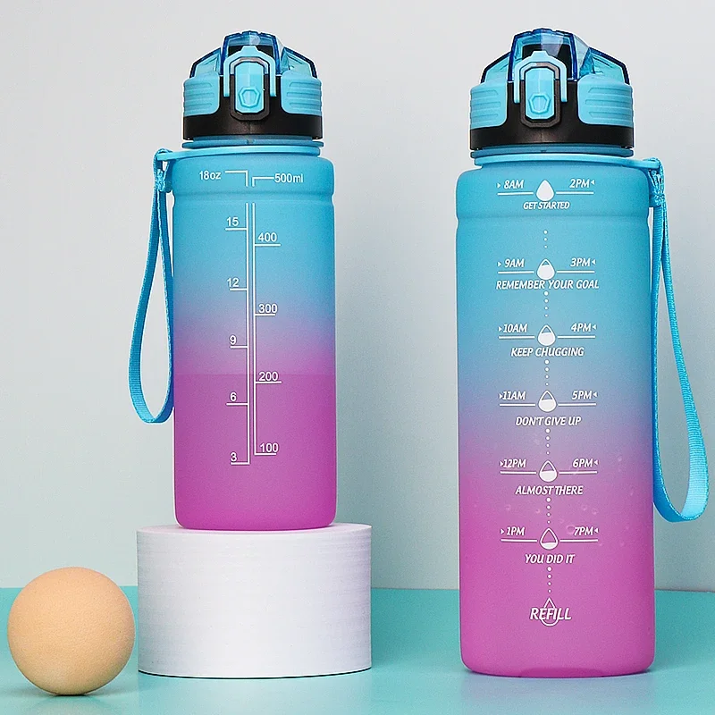 ZOUNICH 500/1000ML New Gradient Sports Water Bottles Portable LeakProof Colorful Bottles Travel Plastic Drinkware BPA Free