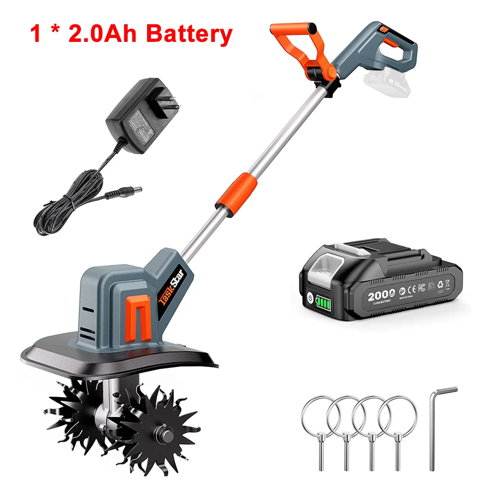 TaskStar draadloze grondfrees voor tuinieren 360 tpm elektrische grondfrees Twee 2,0 Ah accu's Aangedreven cultivator met 48 heavy-duty stalen tanden Gebruikt voor landbouwwerkzaamheden
