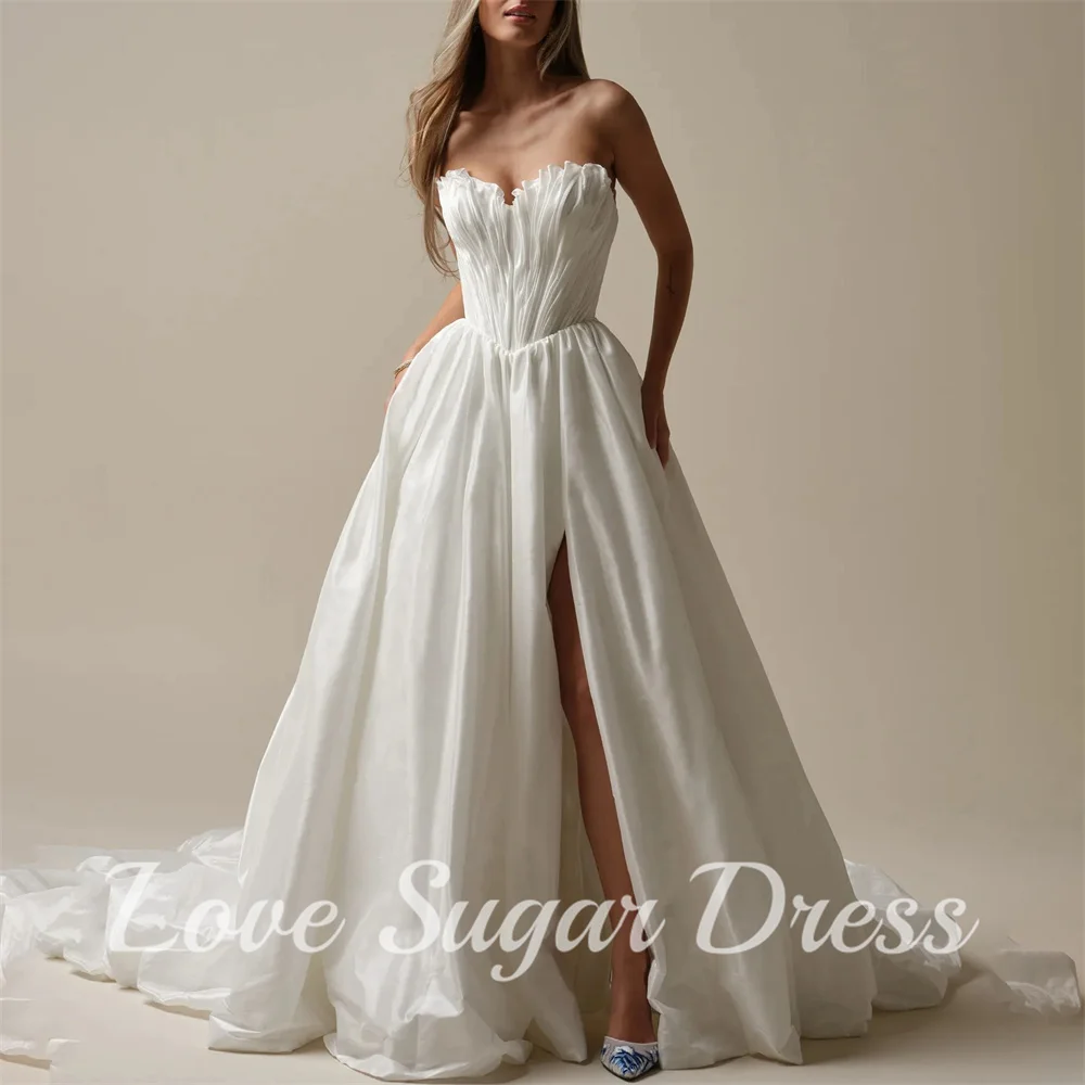 

Pleated Taffeta A Line Wedding Dresses V Neck Bridal Gown Elegant Slit Long Train Back Buttons Bride Dress vestido de novia