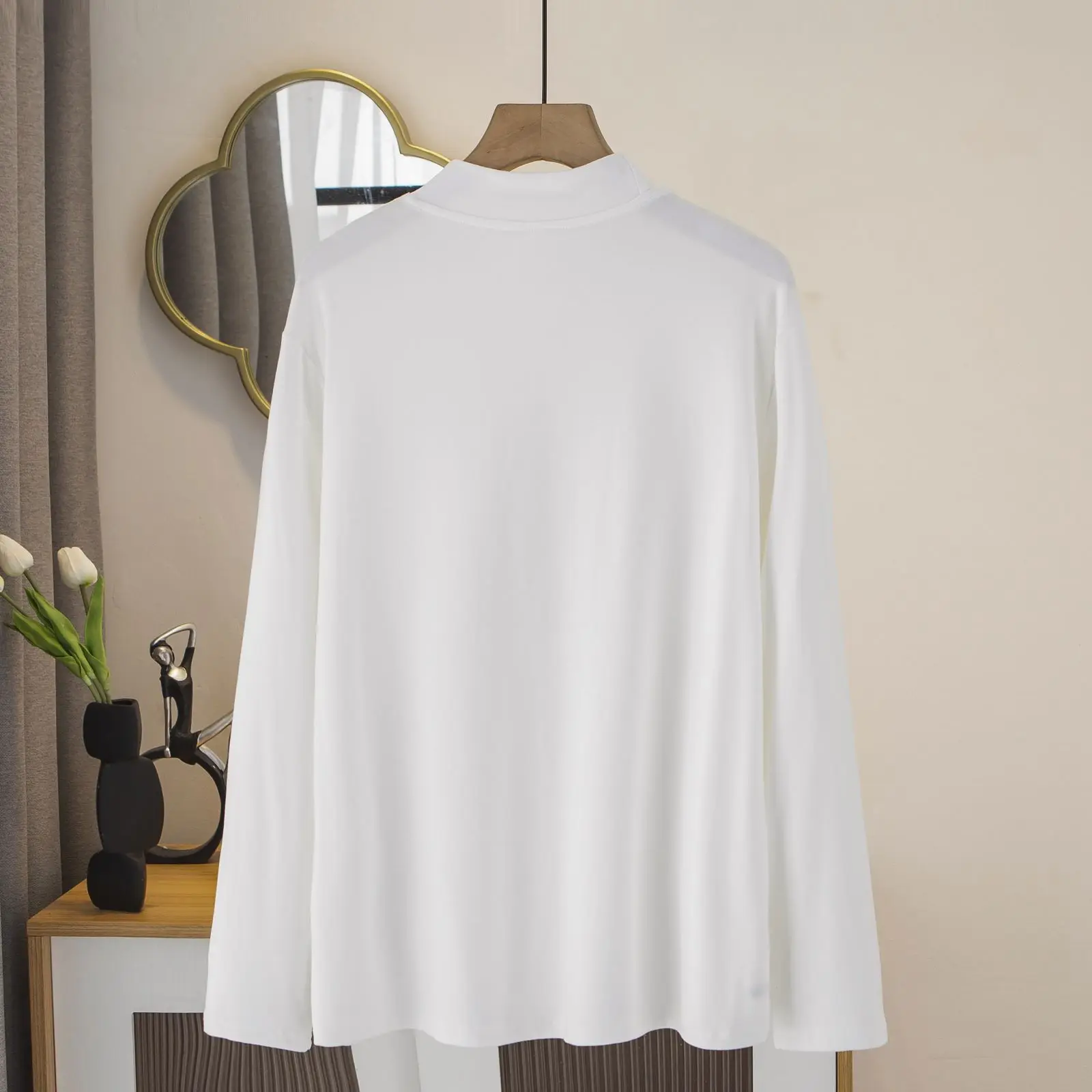 2023 Autumn Clothes Women T-Shirt Plus Size Stylish Inside 32 Combed Cotton Tee Casual Solid Color Half Turtleneck Top Curve