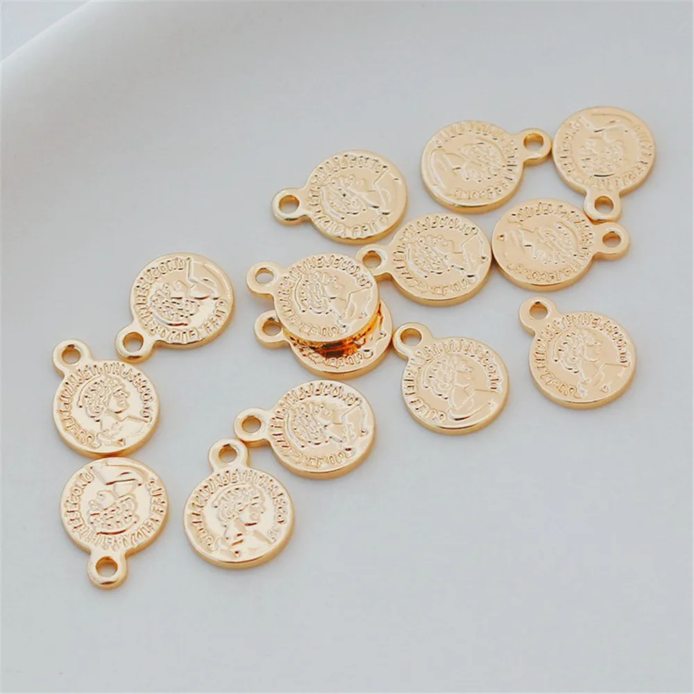 Moneda de retrato de doble cara, colgante redondo de oro revestido de cobre de 14K, pulsera hecha a mano DIY, collar, etiqueta de pendiente, 8mm