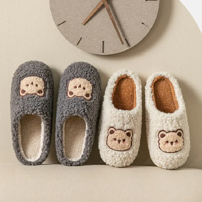 

New Winter Warm Home Slippers Cute Cartoon Bear Men Casual Shoes Women Soft Furry Bedroom Flats Non-Slip Couples Plush Slipper