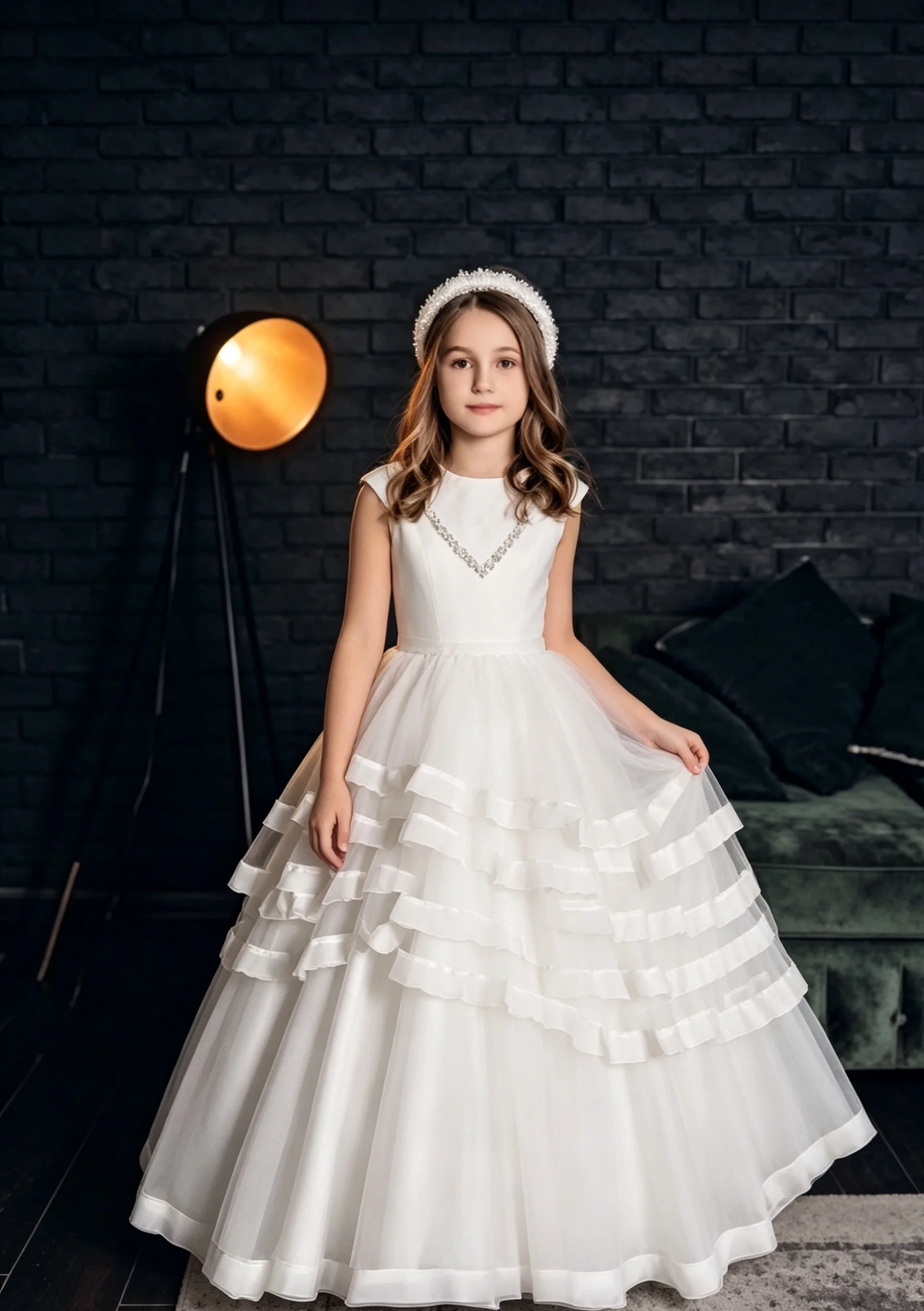 Princess White Satin Custom Flower Girl Dress for Wedding Round Collar V-back Tiered Kids Birthday Party First Communion Gown
