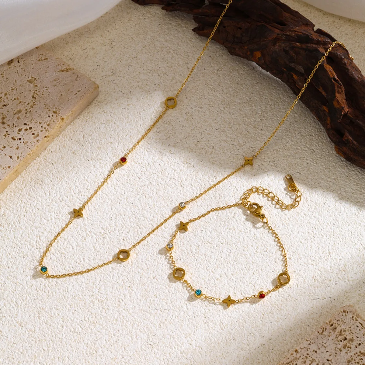 New Colored Zircon Necklace & Bracelets Set Stainless Steel 